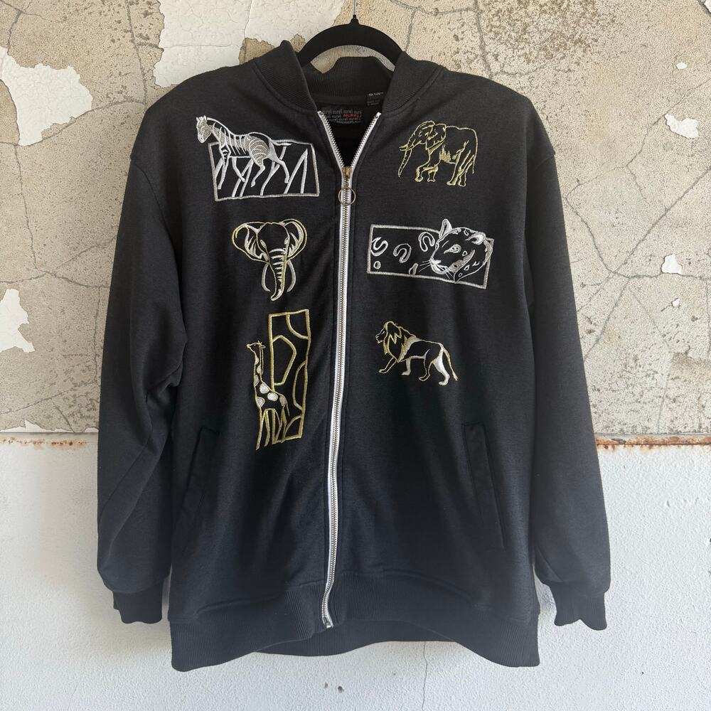 Vintage Mureli Sweatshirt Embroidered Safari Animal Full Zip Black Gold Womens L